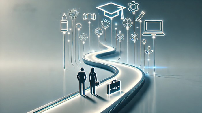 Blue and gray image with multiple floating icons and two people with briefcases walking down a path into the distance.