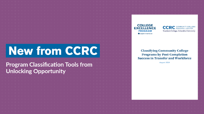 Purple background with report cover at the right; text at the left reads New from CCRC Program Classification Tools from Unlocking Opportunity.