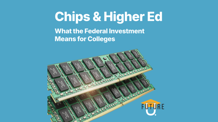 Against a sky blue background, two sets of sea foam green, gold, and black microchips float underneath the text “Chips & Higher Ed: What the Federal Investment Means for Colleges.” The Future U. logo with its gold graduation cap rests in the lower right c