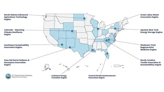 A blue and white map of the United States with dots showing where federal investments in the U.S. National Science Foundation’s Regional Innovation Engine’s Program are located.