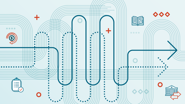 An arrow winds its way around a complex path of icons representing finances, requirements, and coursework, appearing on the other side at a new institution