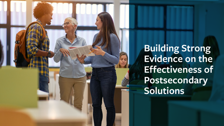 In a college classroom, two students speak with their professor about a recent report. Building Strong Evidence on the Effectiveness of Postsecondary Solutions
