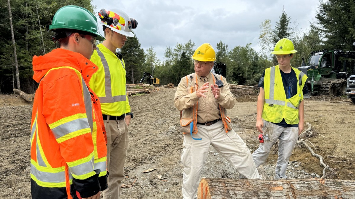 A white-haired logging instructor teaches three young men, all in bright safety vests and hardhats, how to cut down and haul the trees behind their work site.