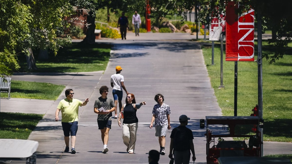 Students walk to class on the University of Nevada, Las Vegas campus.