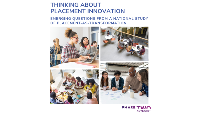 In four rectangular panels that form a square, learners of many backgrounds engage with each other over course materials in postsecondary education settings, including an atrium area, a design studio, and sunlit collaboration spaces. Above them reads the 