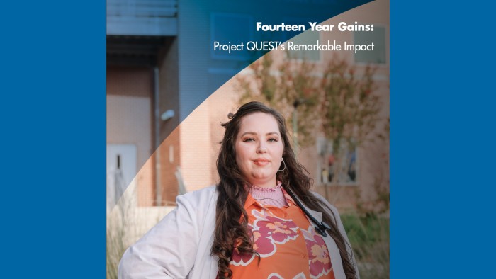 Text reading: Fourteen Year Gains:  Project QUEST’s Remarkable Impact. Brown-haired woman wearing a floral top and beige jacket with hands on hips in front of a brick building.