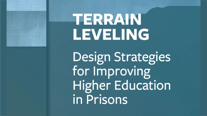 A report cover featuring the title "TERRAIN LEVELING: Design Strategies for Improving Higher Education in Prisons" in white text. The background is teal with a blue gradient.