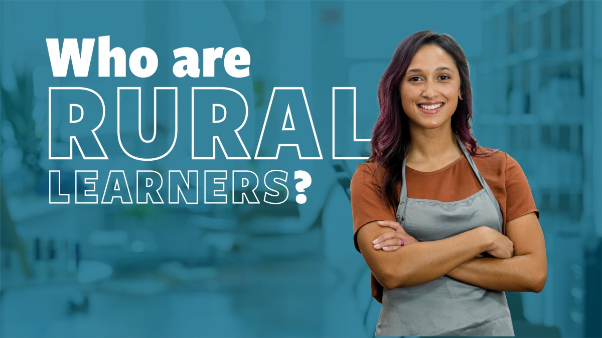 A young woman wearing an apron folds her arms across her chest and smiles warmly. Behind her is a blue background composed of buildings and the series title, "Who Are Rural Learners?"