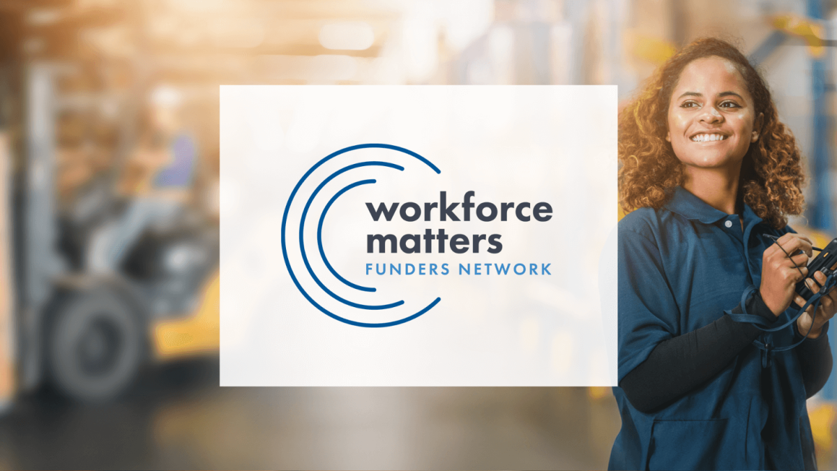 A woman holds a device on the job with Workforce Matters logo overlaid.